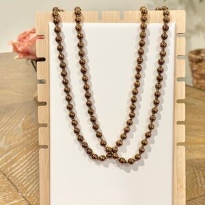 Chocolate Brown Beaded Necklace 40” Long Double Strand Layered Statement